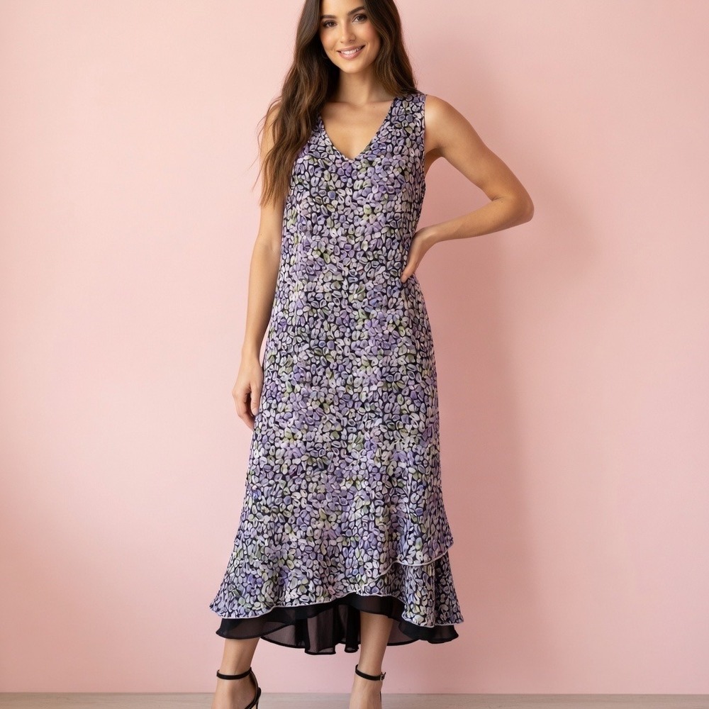 Susan Bristol Y2K Purple Floral Silk Tiered Ruffle Midi Dress Womens 12 - Picture 2 of 9